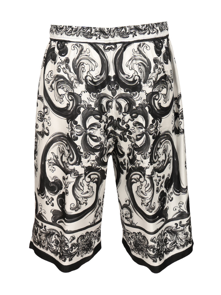 Dolce & Gabbana Bermuda Shorts In Silk With Majolica Print Trousers - Black | 54316e3f86fdcdf293a92c3d39d0779cb3b6dd36