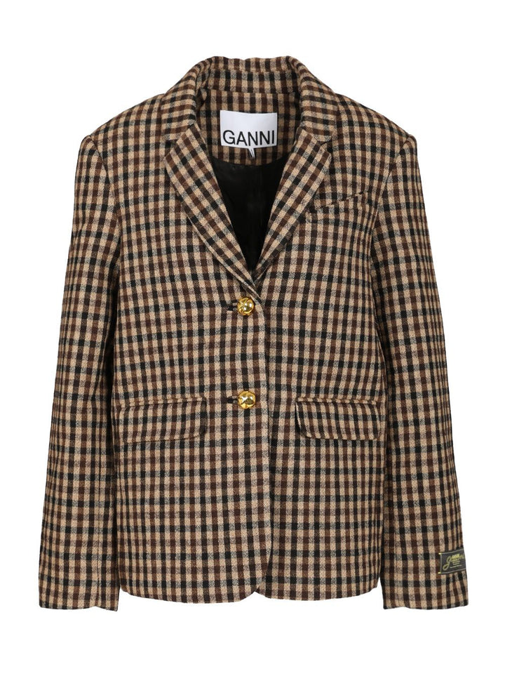 Ganni Checked Wool Blazer Jackets - Brown | 98180246210efc16f2a501ce2ce3696201e1ae96