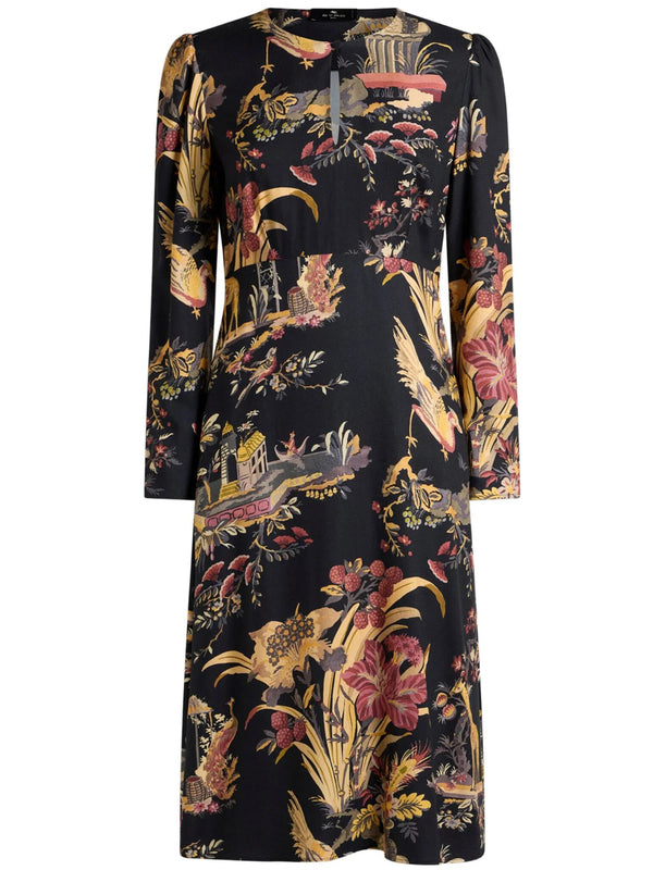 Crepe Midi Dress With Flower And Animal Motif