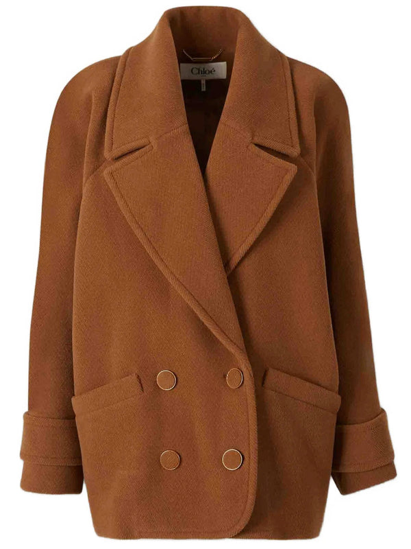 Short Double-Breasted Wool Coat With Herringbone Pattern