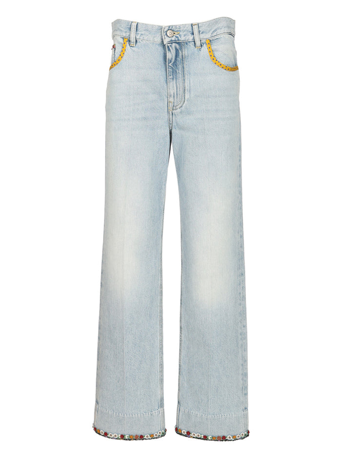 Valentino Garavani Denim Trousers With Embroidered Flower Trim Jeans - Blue | f25a16631bd2fe8dc5979648ab7d328e5a178dc9