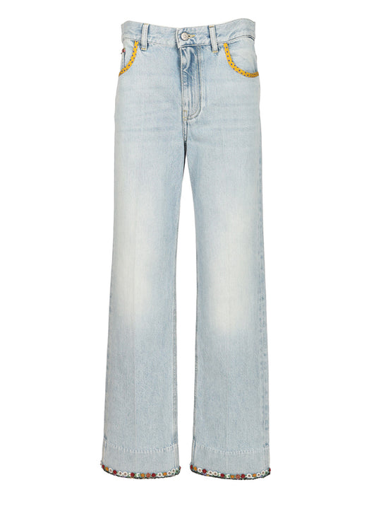 Denim Trousers With Embroidered Flower Trim Jeans Blue