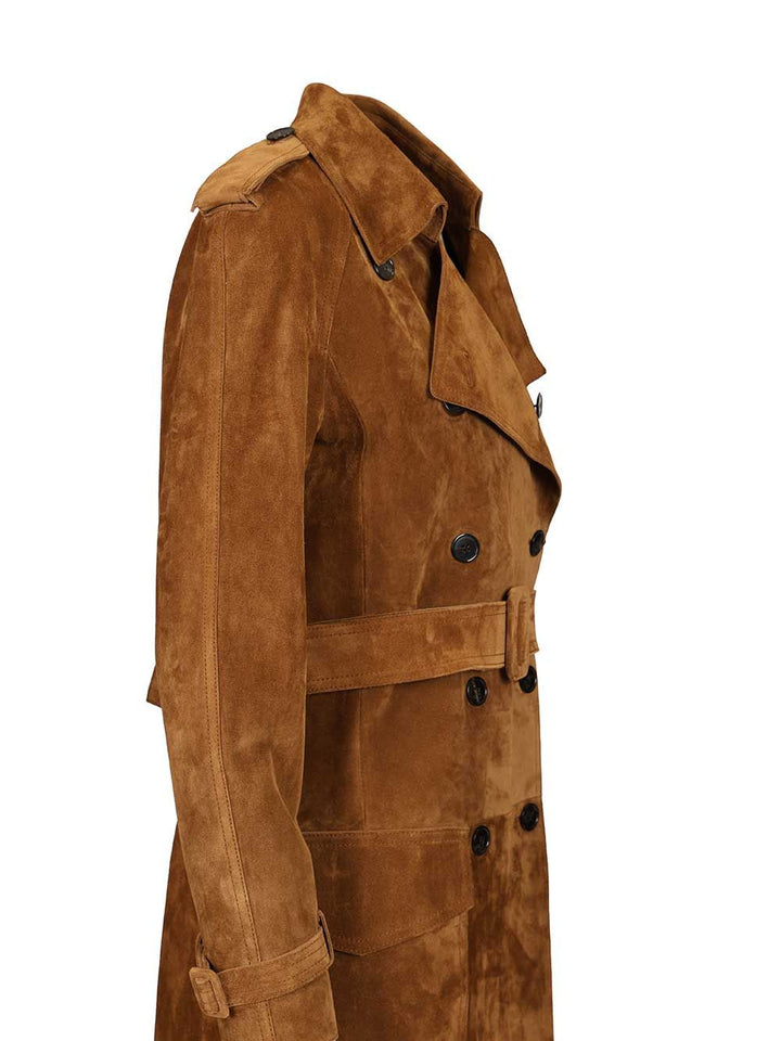 Saint Laurent Suede Trench Coat Coats - Brown | bcfffd3086e844999aecbe51b0d33706c90822f2