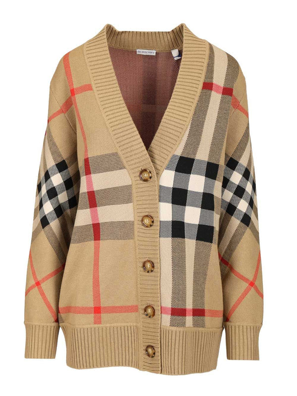 Check Wool Blend Cardigan Knitwear Beige