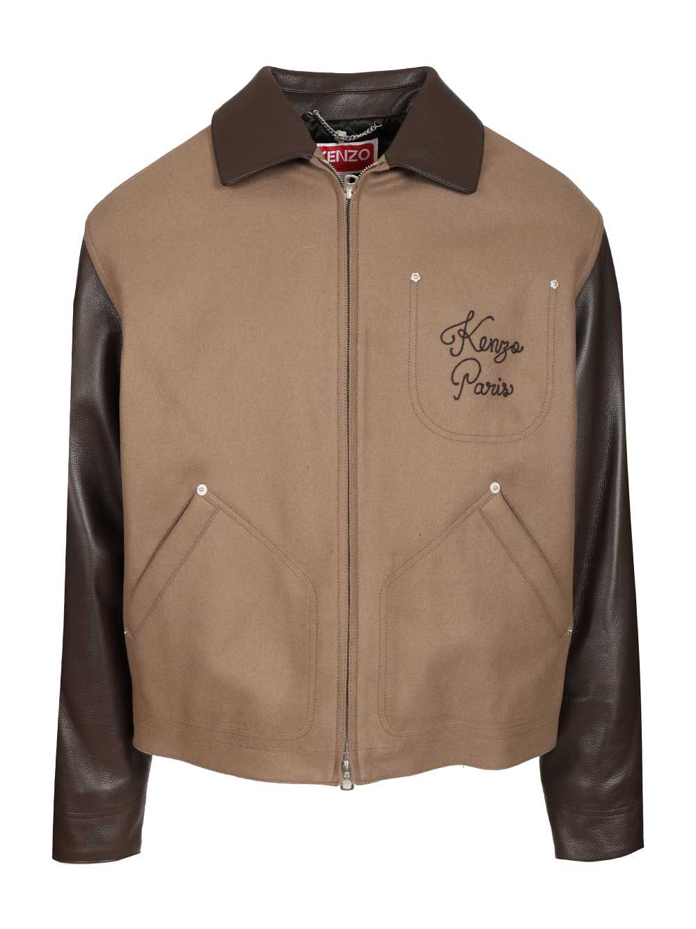 Kenzo Leather-Sleeved Embroidered Jacket Jackets - Beige | 0a098c94e86f6c043985fff7a555bcf4f4a8173d