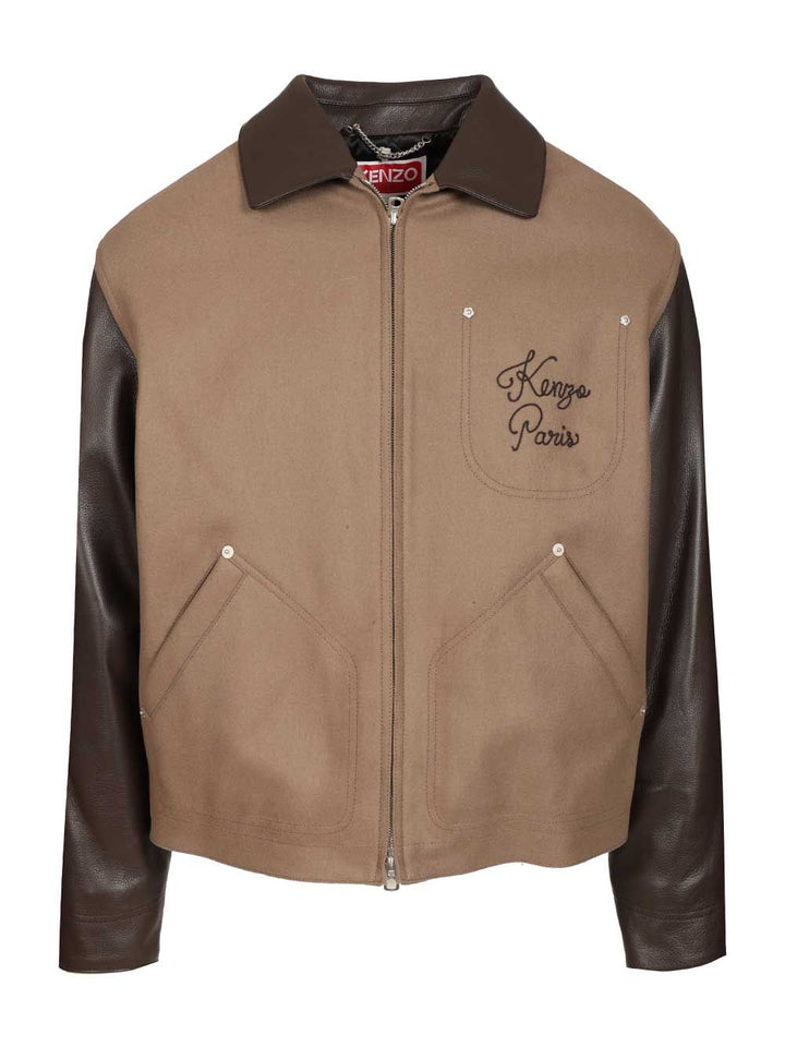 Kenzo Leather-Sleeved Embroidered Jacket Jackets - Beige | 0a098c94e86f6c043985fff7a555bcf4f4a8173d