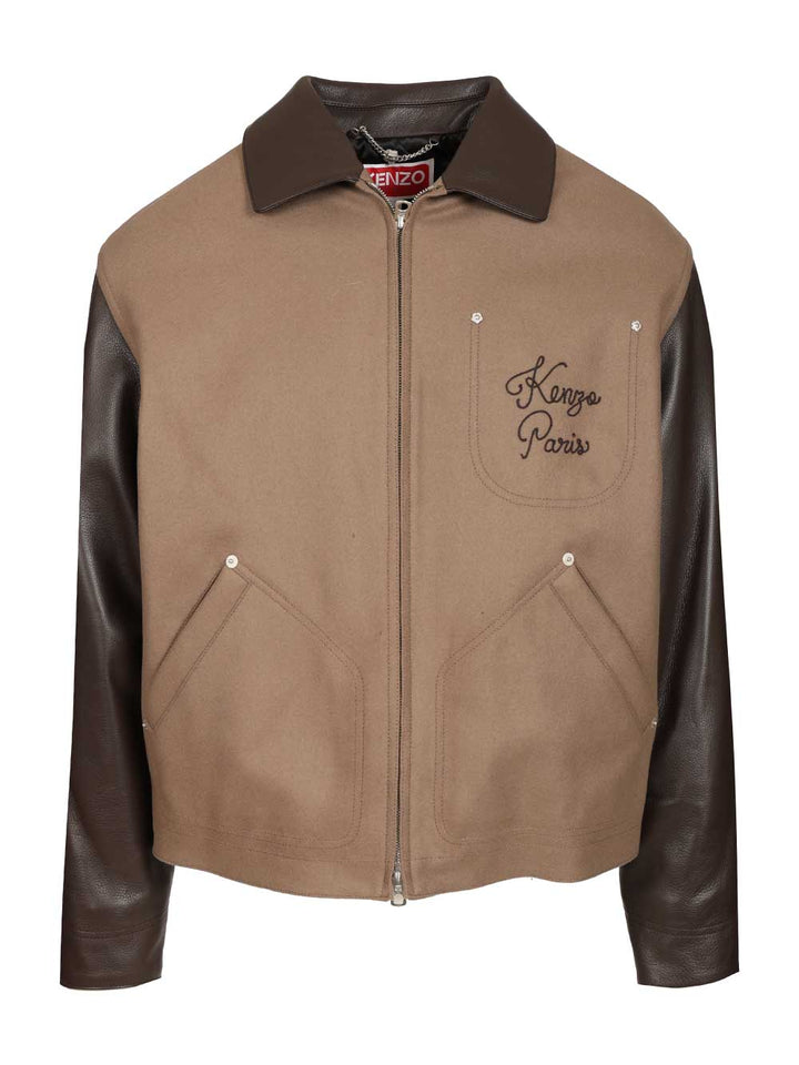Kenzo Leather-Sleeved Embroidered Jacket Coats - Beige | 72341a5157660747b1126ba64ee85524f28c0cf8