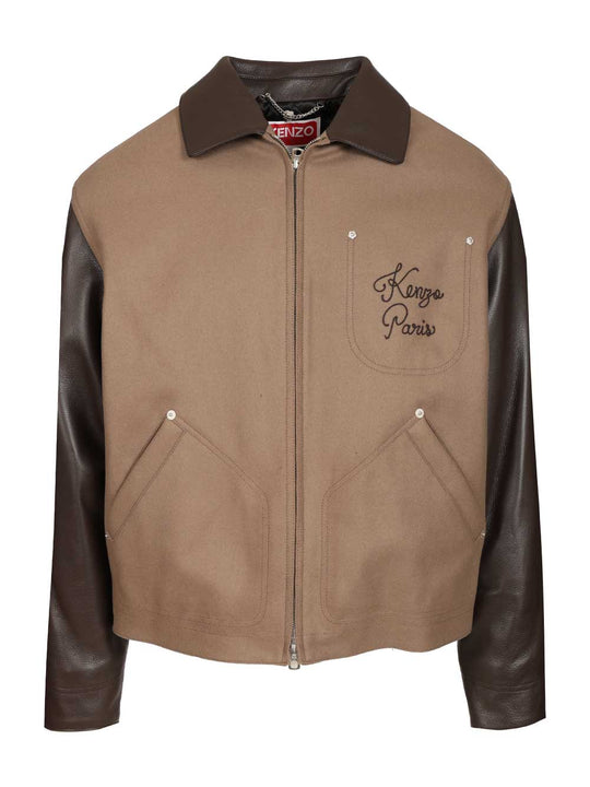 Leather-Sleeved Embroidered Jacket Coats Beige