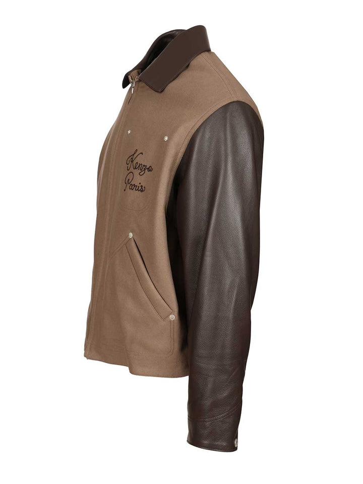 Kenzo Leather-Sleeved Embroidered Jacket Coats - Beige | 710b4b51c133c3d5aff7b399ef621415bb730d83