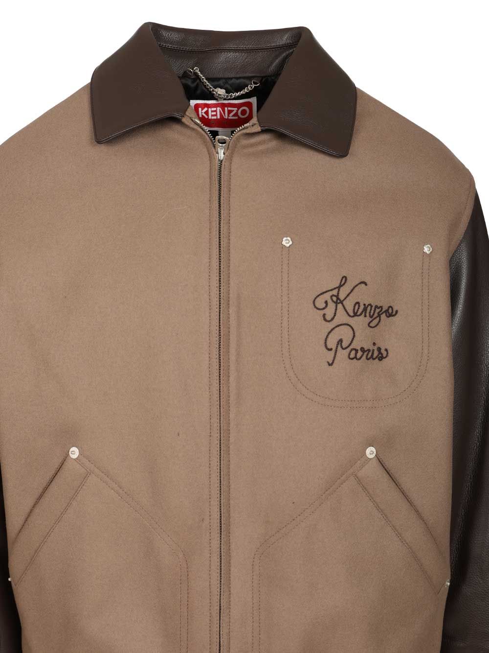 Kenzo Leather-Sleeved Embroidered Jacket Jackets - Beige | 6a3250db875ad395f335c24b1054f9b80564678b