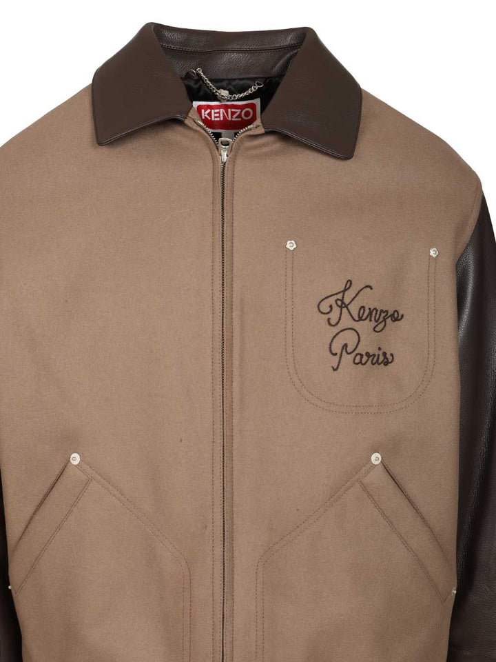 Kenzo Leather-Sleeved Embroidered Jacket Jackets - Beige | 6a3250db875ad395f335c24b1054f9b80564678b