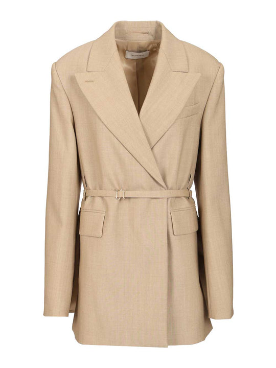 Long Double-Breasted Wool Blazer Jackets Beige