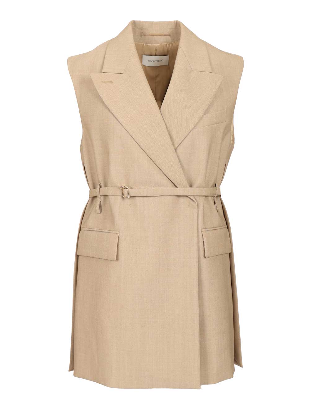 Sportmax Long Sleeveless Wool Blazer Jackets - Beige | 251e2f4bf2e02e5fd23bda48bf6dfab30974d444