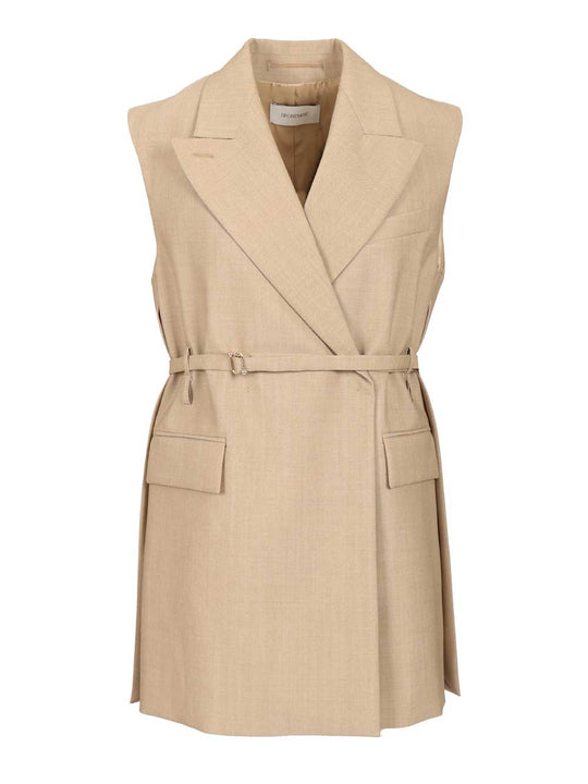 Long Sleeveless Wool Blazer Jackets Beige