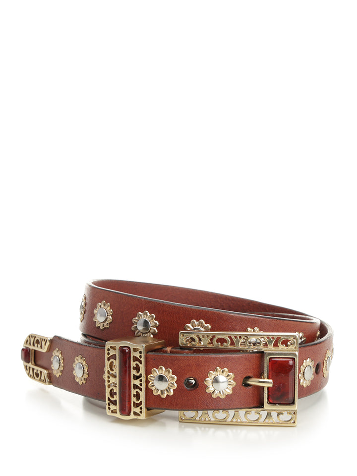 Golden Goose Deluxe Brand Leather Belt With Floral Studs Belts - Brown | 8fdad61dc2de4651842c5a74efa09f22031e19ca