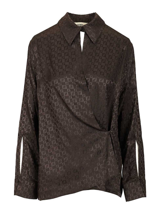 Ff Jacquard Silk Shirt Tops Brown