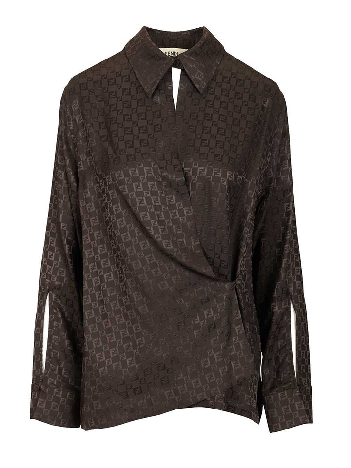 Fendi Ff Jacquard Silk Shirt Tops - Brown | 683732fd0ef4d5b046e346cb73fbdd74a8c7a035