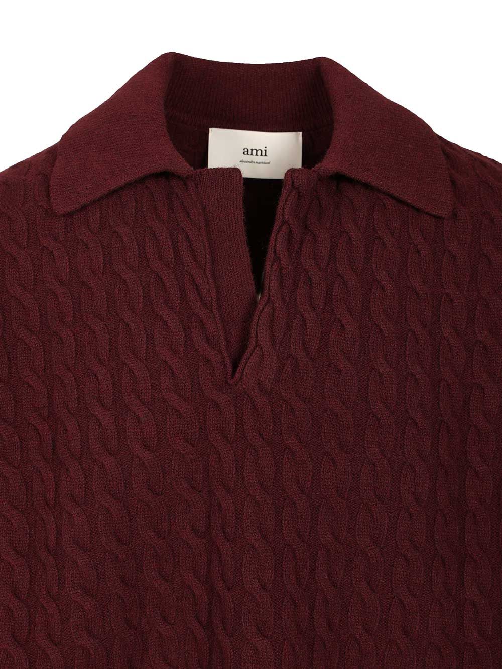 Ami Cable-Knit Polo Shirt Knitwear - Bordeaux | 36e3c093be813c637e3573681c726c1b75ecc4ee