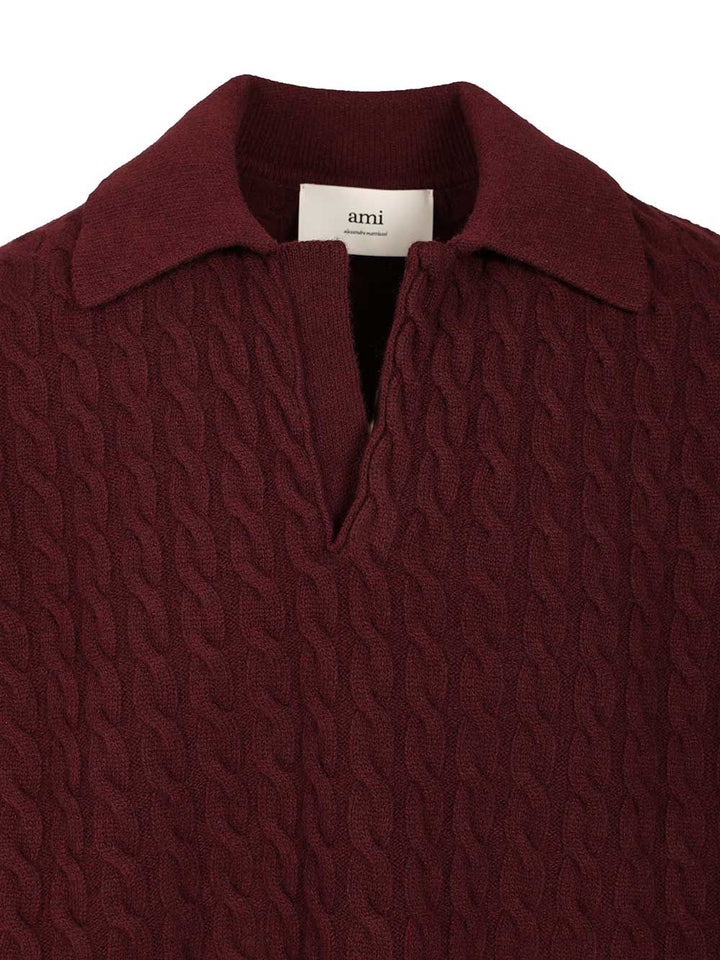 Ami Cable-Knit Polo Shirt Knitwear - Bordeaux | 36e3c093be813c637e3573681c726c1b75ecc4ee