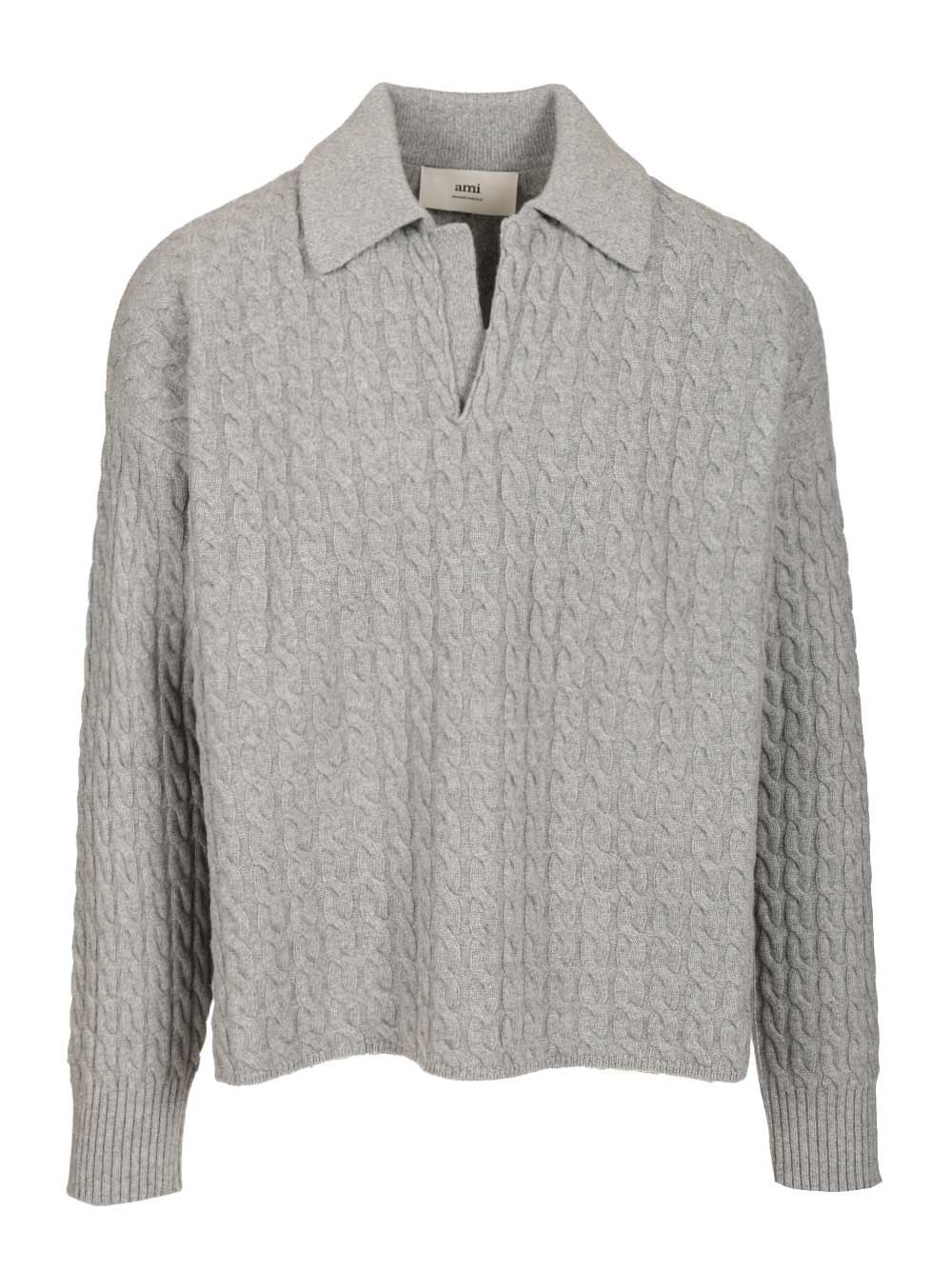 Ami Cable-Knit Polo Shirt Knitwear - Grey | dcf13f78fb63bea1489de727c9f41b19824d13f3