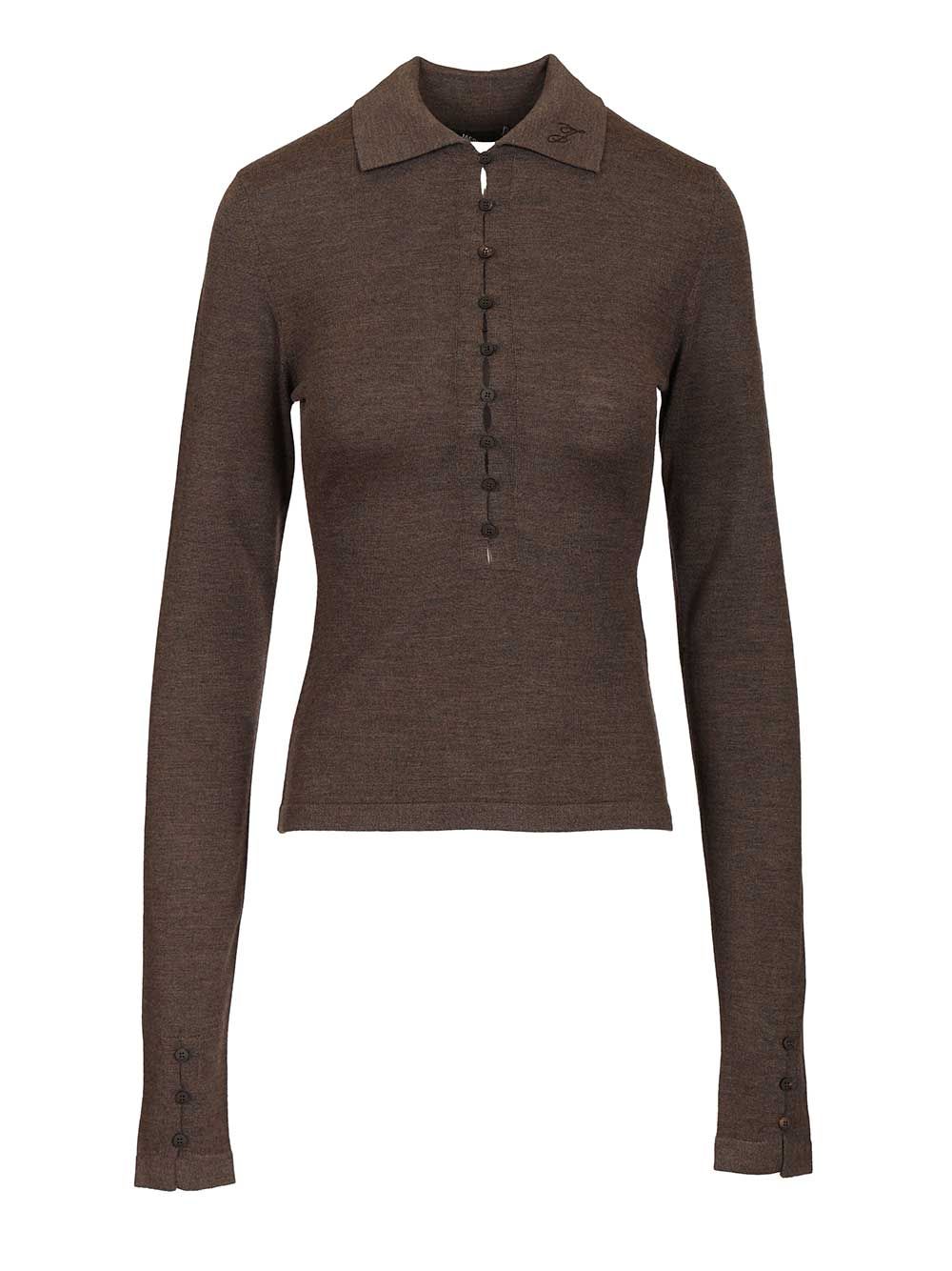 Jacquemus Long-Sleeved Merino Wool Polo Shirt Knitwear - Brown | 5100f88a578268311947e5d21b01a75f6294a1ac