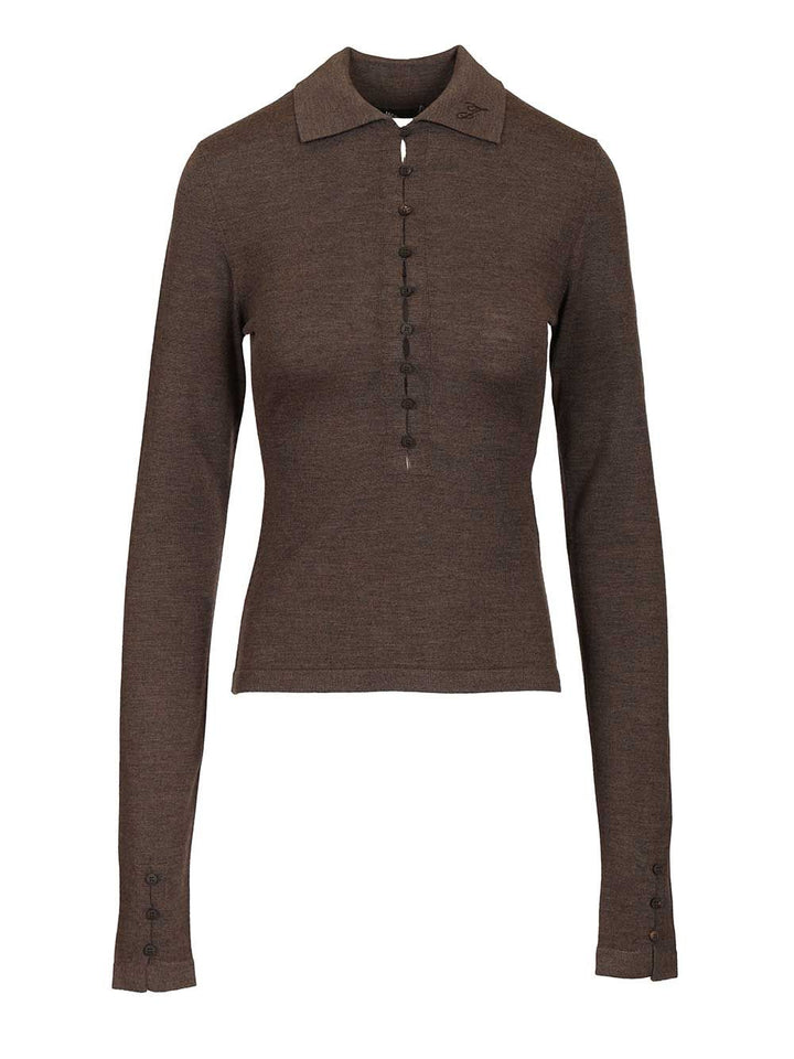 Jacquemus Long-Sleeved Merino Wool Polo Shirt Knitwear - Brown | 5100f88a578268311947e5d21b01a75f6294a1ac