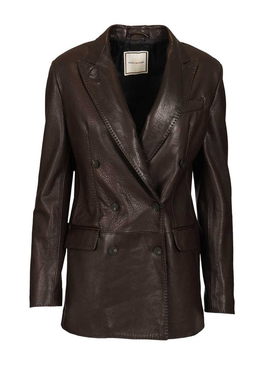 Josie Double-Breasted Lambskin Blazer Leather Jackets Brown