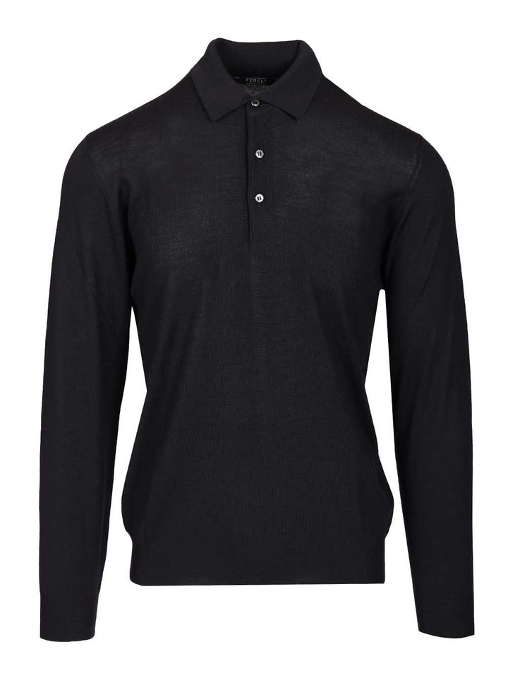 Fedeli Virgin Wool Polo Shirt Knitwear - Blue | 2063071dbd1440fd02c72d3bb04fe11630c156ea
