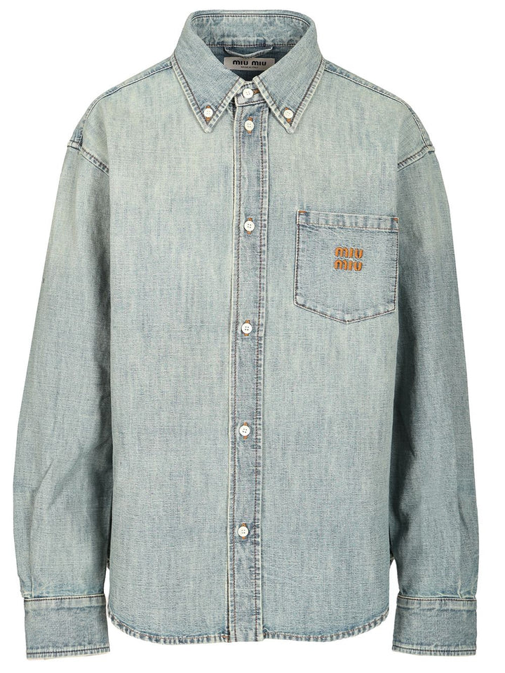 Miu Miu Long-Sleeved Chambray Denim Shirt Casual - Light blue | d9c6f6adf6bec565b59b569209e0ba671ddef240