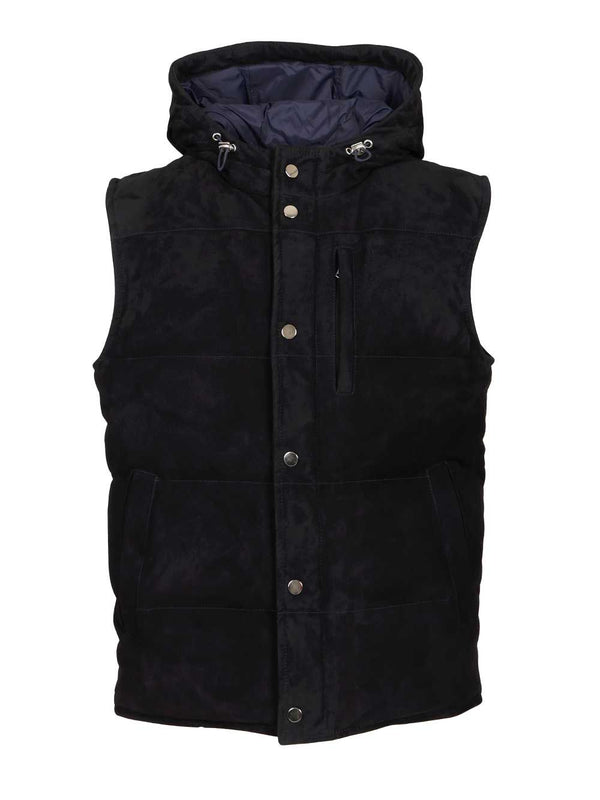 Suede Hooded Vest Jackets Blue