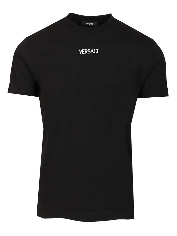 Versace Cotton Jersey Fabric + Versace Writing Embroidery T-Shirt - Black | 6ba9b3924c90afcd0128da78a79adbe8821575d6