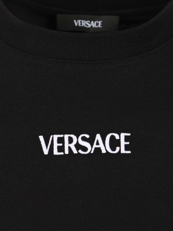 Versace Cotton Jersey Fabric + Versace Writing Embroidery T-Shirt - Black | 49d77f3dfef8c26866cb532de36cac96dcdb8cb1