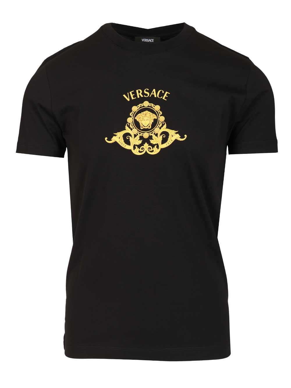 Versace Compact Cotton Jersey Fabric + Medusa Crest Print T-Shirt - Black | 40e027e93dc398c4a0d55f3db4d6c9639e908739