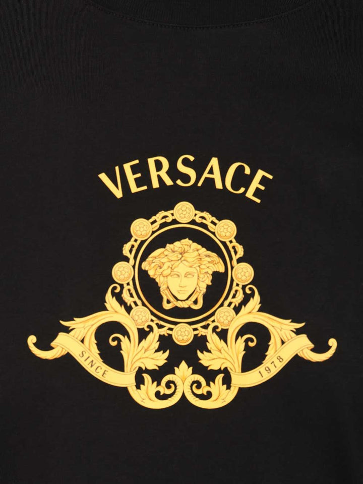 Versace Compact Cotton Jersey Fabric + Medusa Crest Print T-Shirt - Black | c171fb6eb1e85c6bf66667cf17a2f0a2c81c3f4a