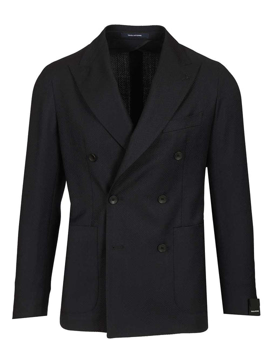 Double-Breasted Herringbone Fabric Blazer Jackets Blue
