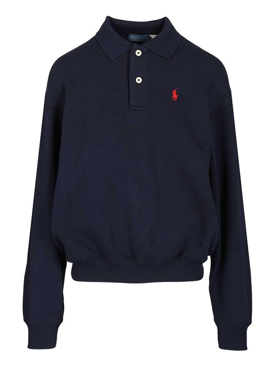 Polo-Collar Fleece Pullover Knitwear Blue