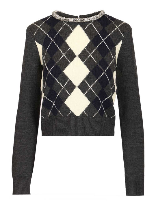 Diamond-Patterned Sweater With Crystal Trim Knitwear Grey
