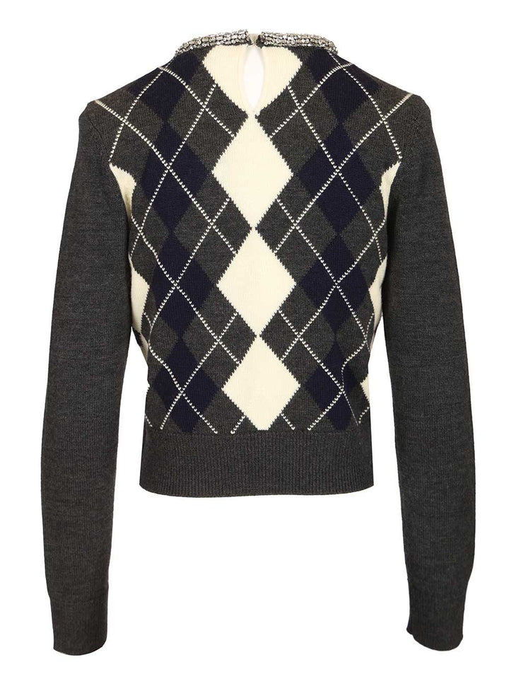 Self-Portrait Grey Argyle Crystal Trim Jumper Knitwear - Grey | 9d520711f2cbd39c21d1f4a1fe2594c40e459469