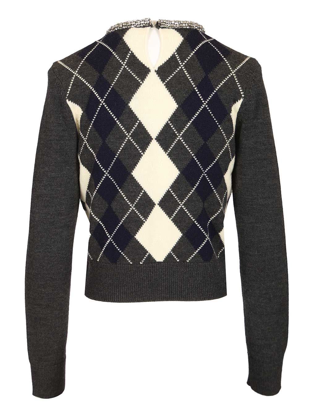 Self-Portrait Diamond-Patterned Sweater With Crystal Trim Knitwear - Grey | 9d520711f2cbd39c21d1f4a1fe2594c40e459469