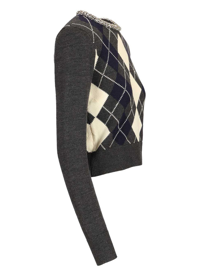 Self-Portrait Diamond-Patterned Sweater With Crystal Trim Knitwear - Grey | f0c28bb7fd6e6dafaf430e8aaff2f359fbe186ef