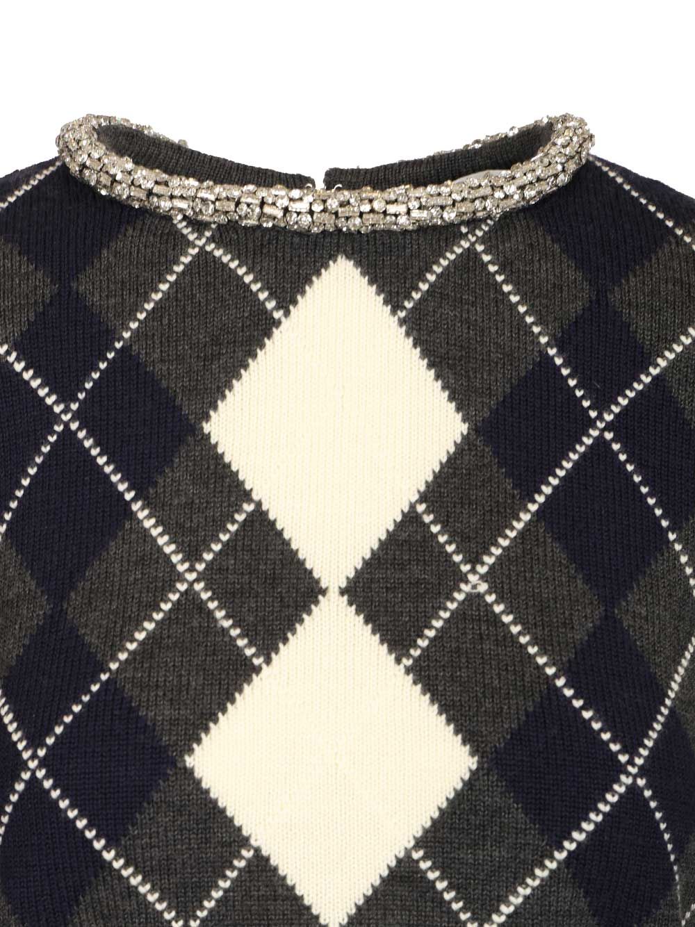 Self-Portrait Diamond-Patterned Sweater With Crystal Trim Knitwear - Grey | 43933893ce90dae08aefd818cae4f7aadeacc7f5