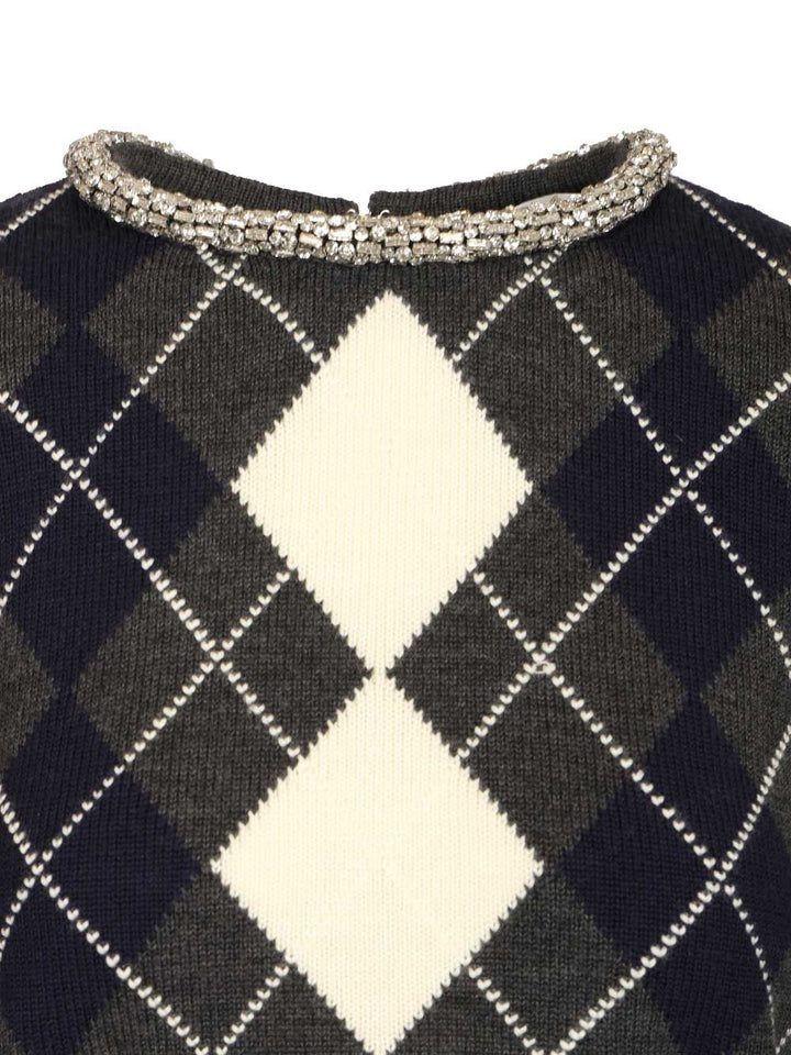 Self-Portrait Diamond-Patterned Sweater With Crystal Trim Knitwear - Grey | 43933893ce90dae08aefd818cae4f7aadeacc7f5