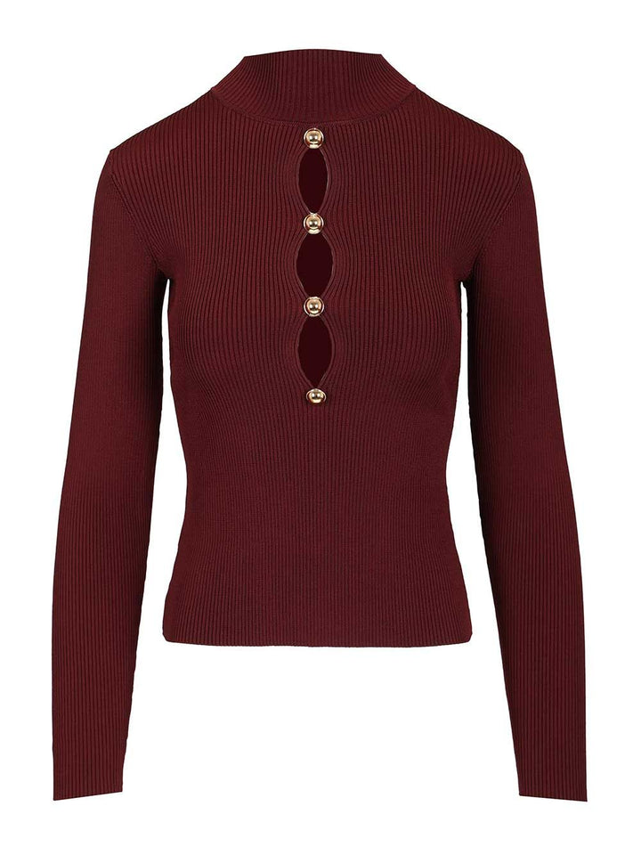 Self-Portrait Long-Sleeved Knitted Top With Keyhole Knitwear - Bordeaux | 66f7b5157ee8bbf71a8fe091897740170001cab8