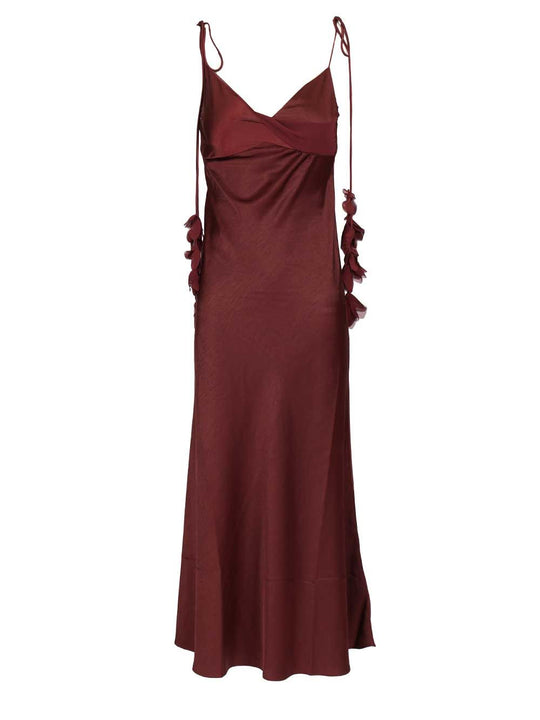 Burgundy Satin Flower Midi Dress Dresses Bordeaux
