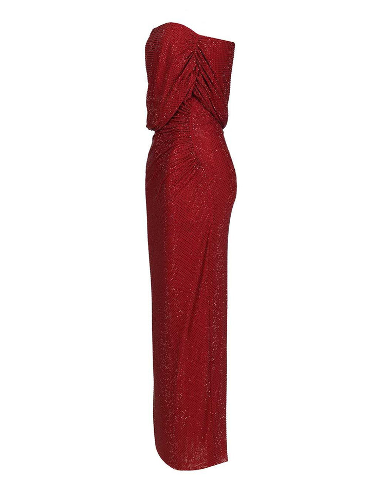 Self-Portrait Burgundy Rhinestone Drape Midi Dress Dresses - Bordeaux | a20fab7b23dd73bc4f013db9ae9158546bbd41b8