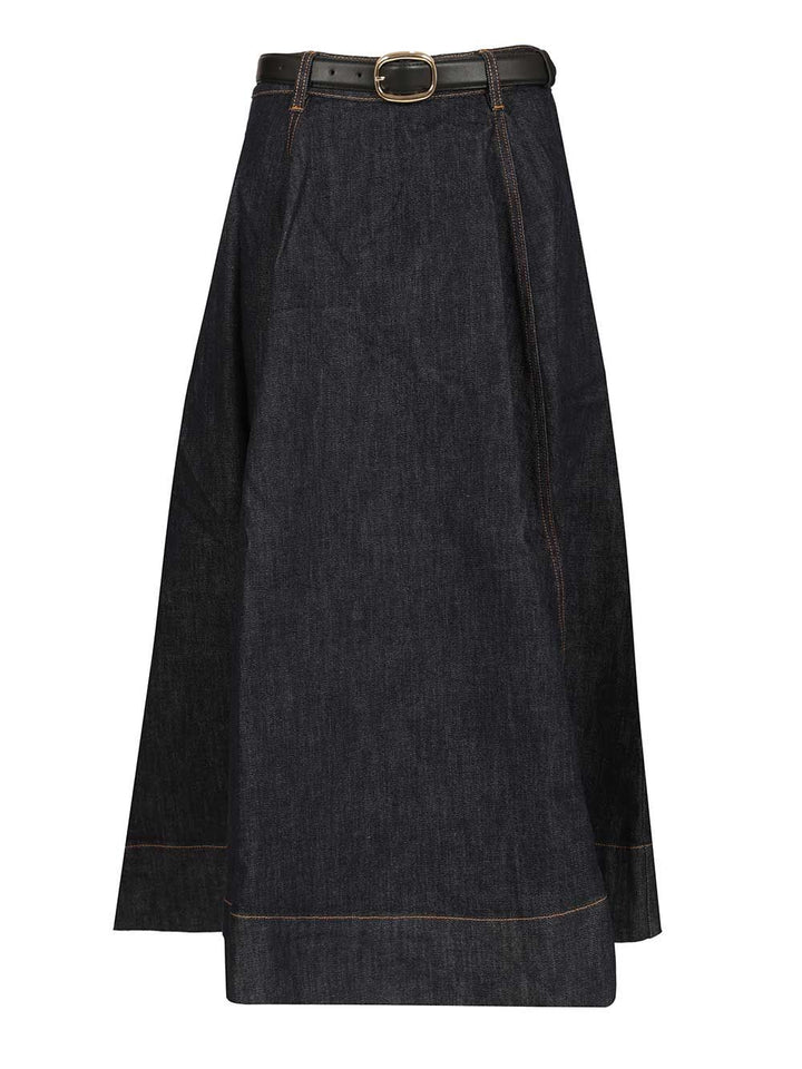 Self-Portrait Indigo Denim Flared Midi Skirt Skirts - Blue | 2ce97698c338282e968c25f54be4bb087f994786