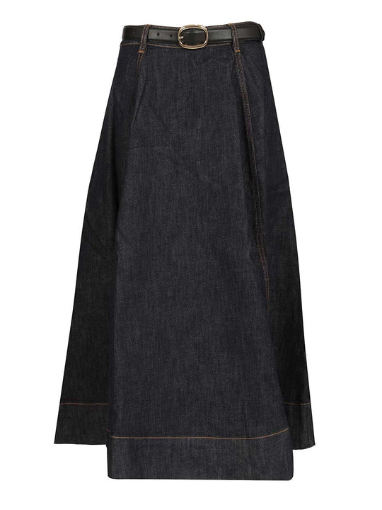 Indigo Denim Flared Midi Skirt Skirts Blue