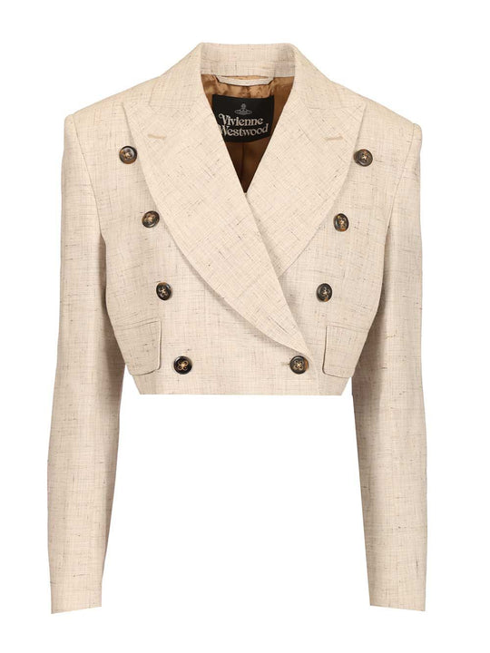 Double-Breasted Cropped Blazer Jackets Beige