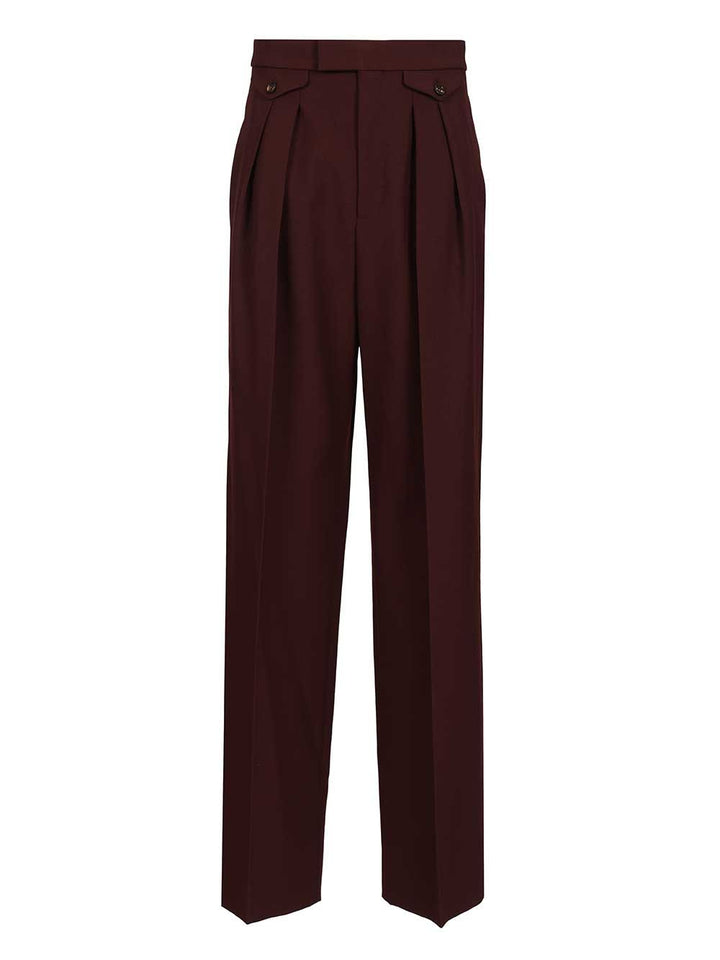 Chloe' High-Waisted Ruffled Wool Gabardine Trousers - Bordeaux | dd771173eaffb93865ccfb4b490313870716859c
