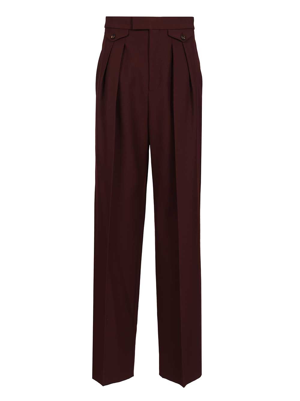Chloe' High-Waisted Ruffled Wool Gabardine Trousers - Bordeaux | dd771173eaffb93865ccfb4b490313870716859c